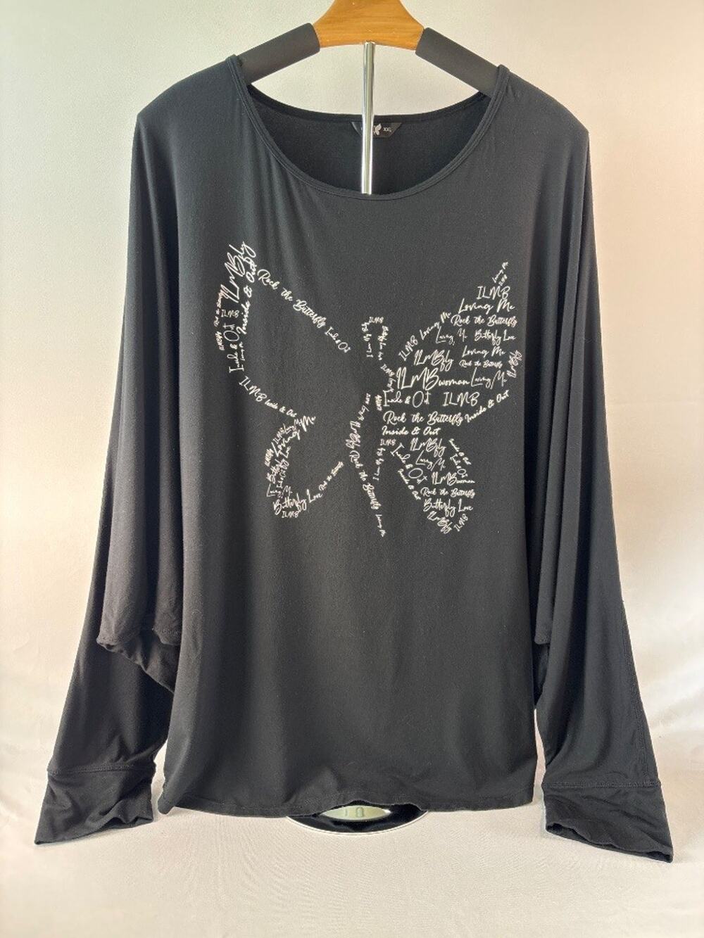 ILMB Loving Me Inside & Out Butterfly Graphic Black Batwing Top XXL
